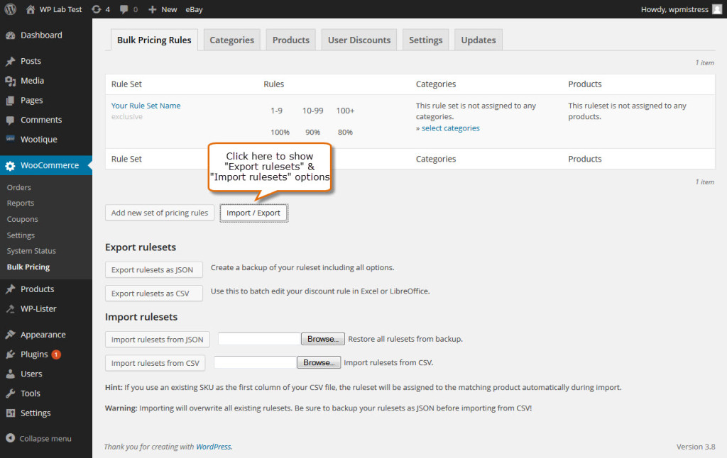 export and import options of rule set