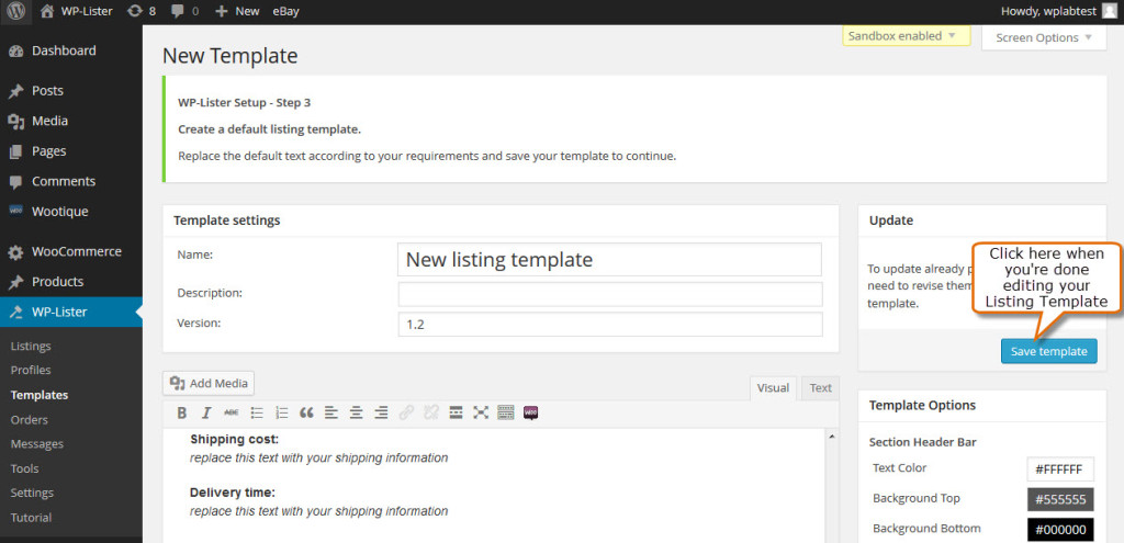 save changes for the new listing template