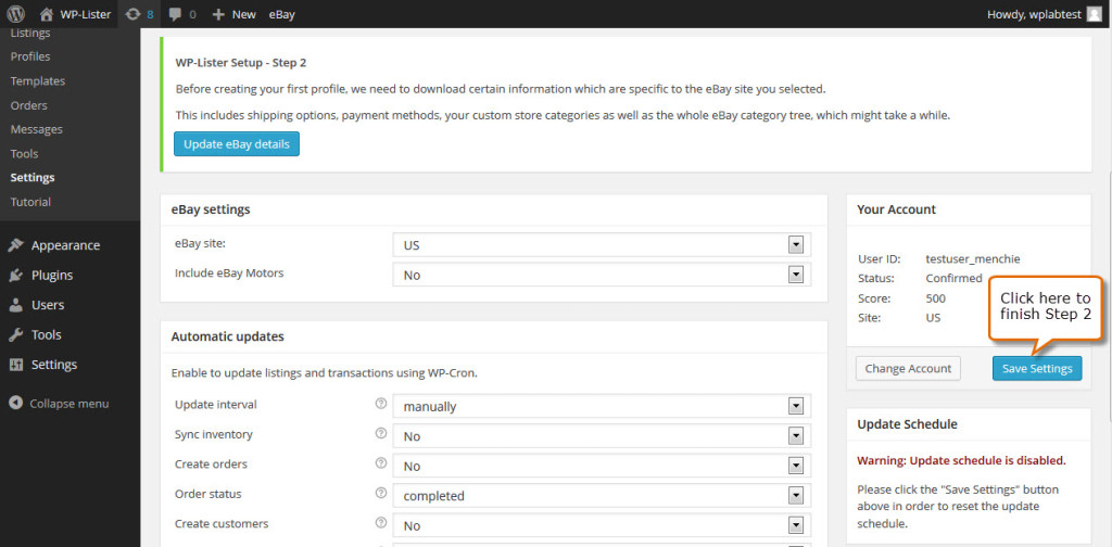 save settings for updating site specific eBay data