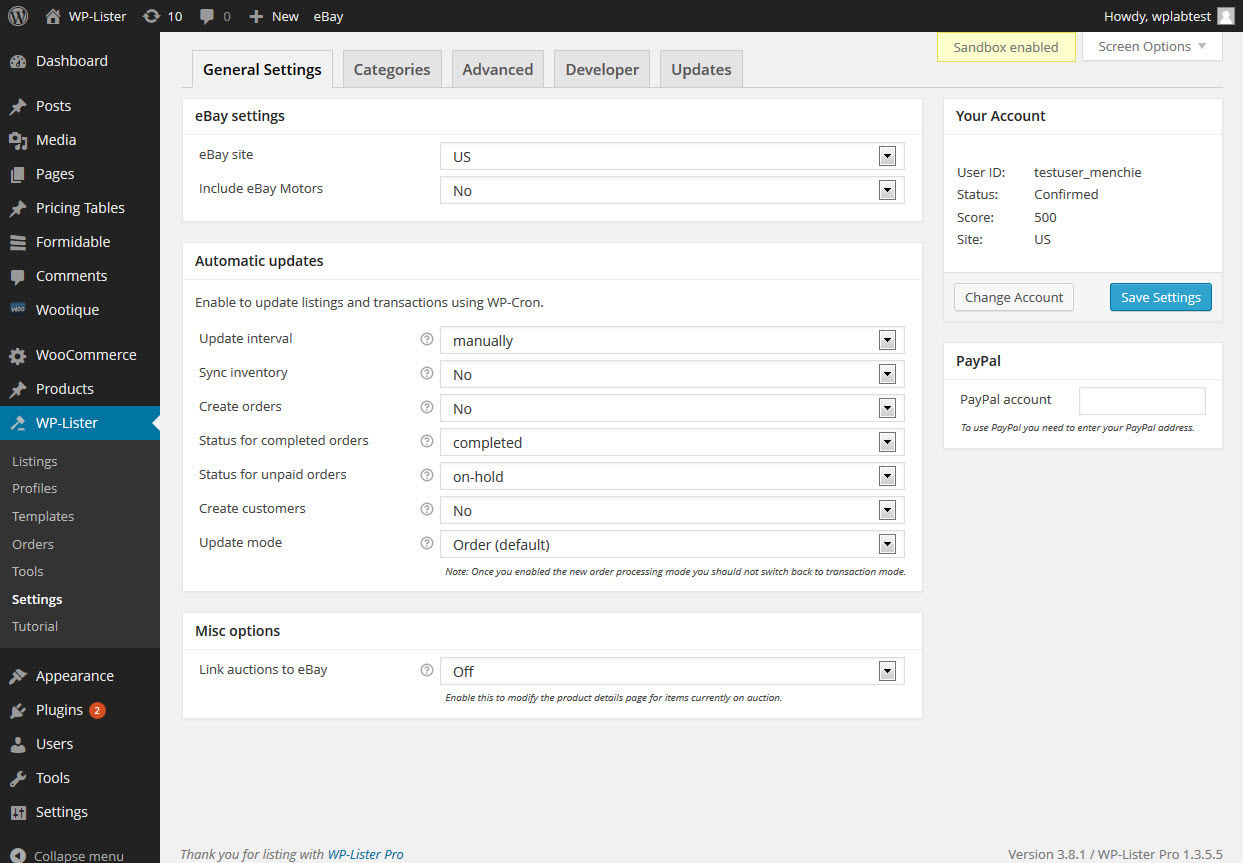 Settings list